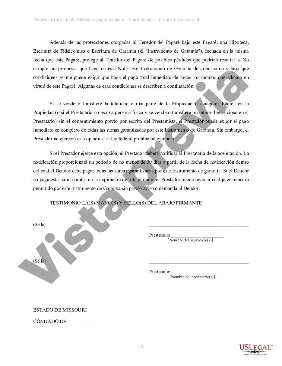 Preview Pagaré de tasa fija a plazos de Missouri garantizado por bienes raíces comerciales