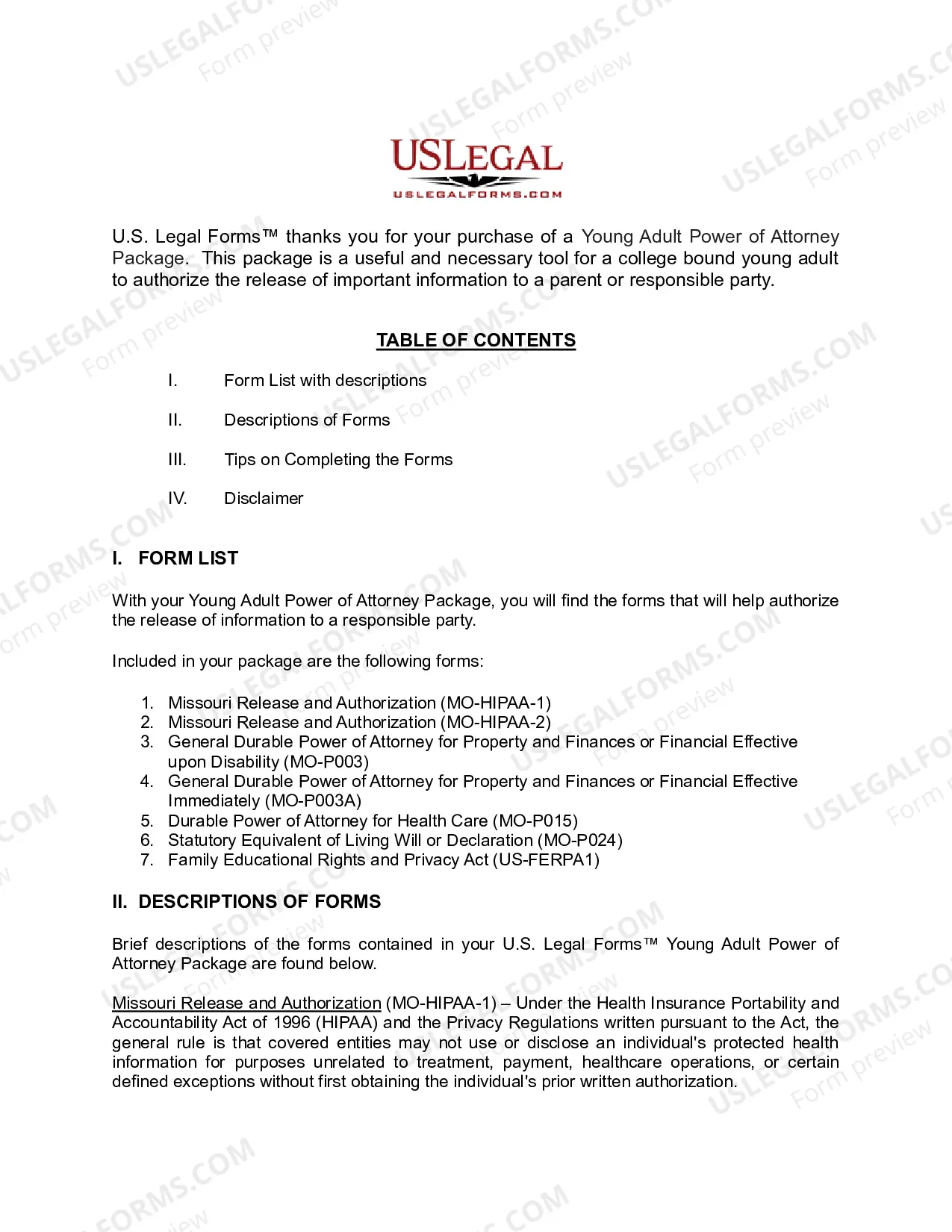 Preview Missouri Young Adult Power of Attorney Package