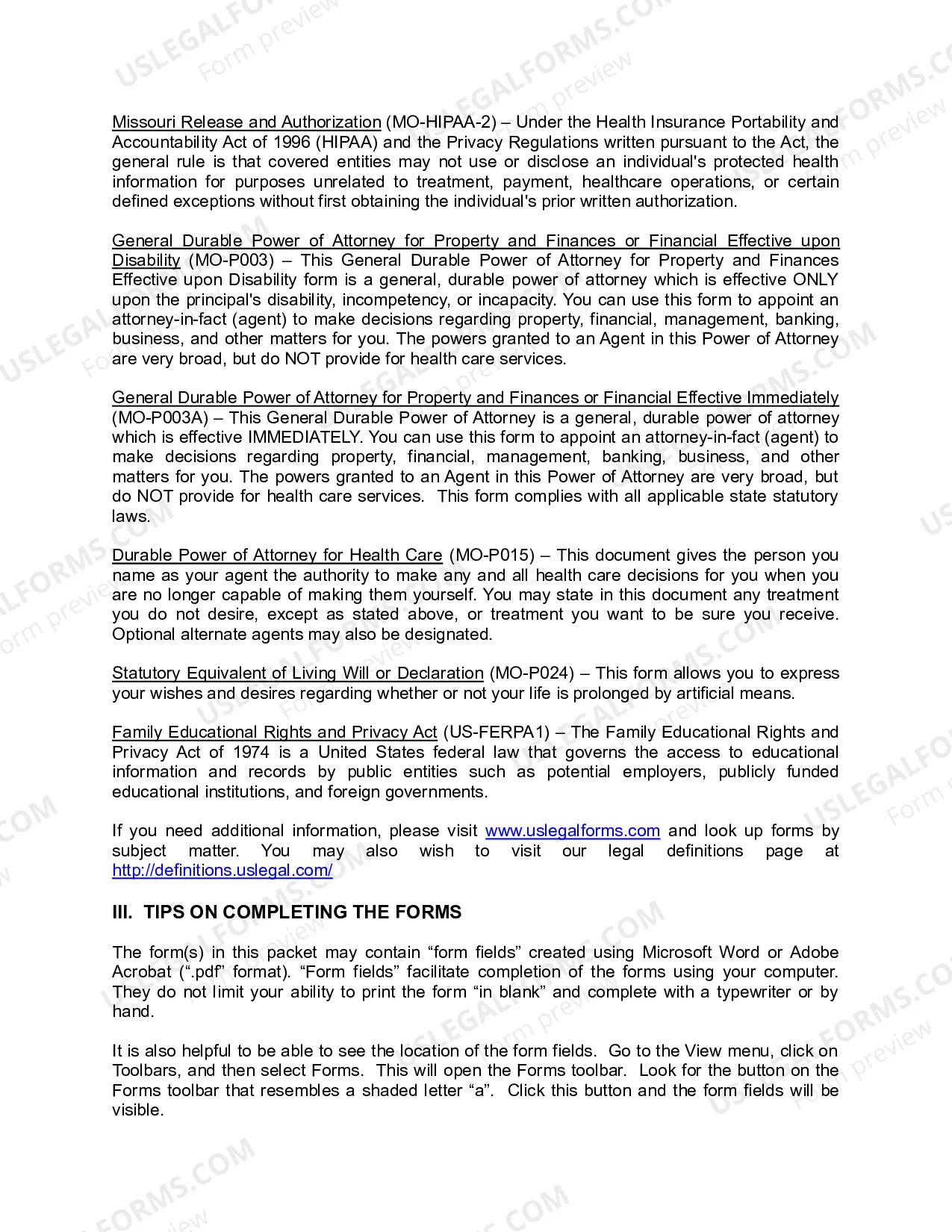 Preview Missouri Young Adult Power of Attorney Package