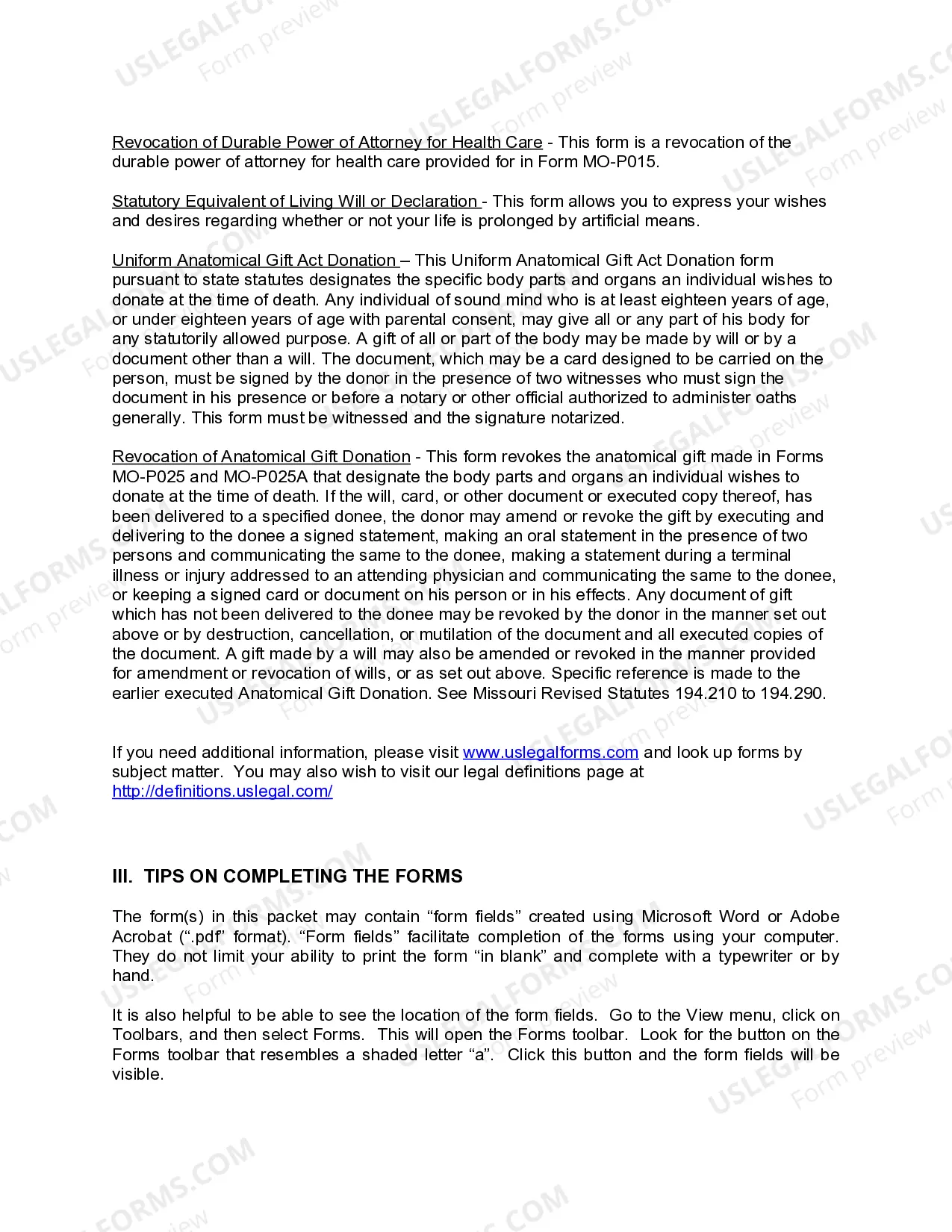 Preview Missouri Living Wills and Health Care Package