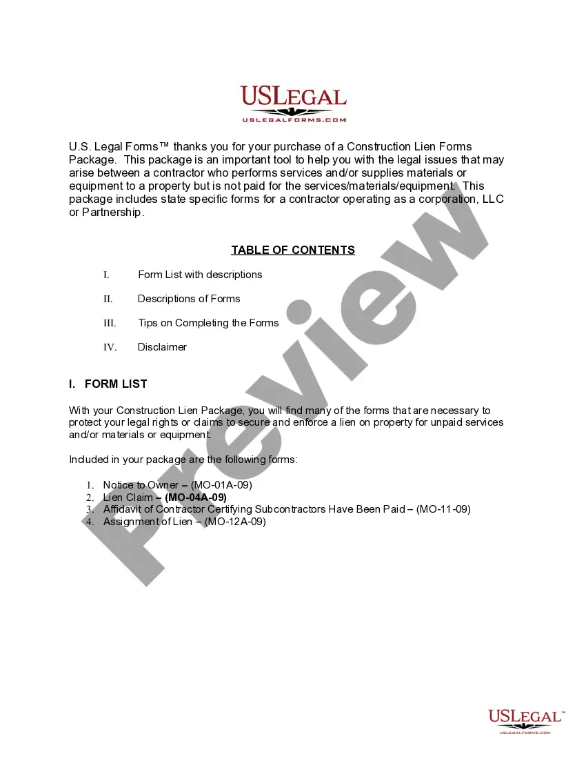 Preview Missouri Construction or Mechanics Lien Package - Corporation
