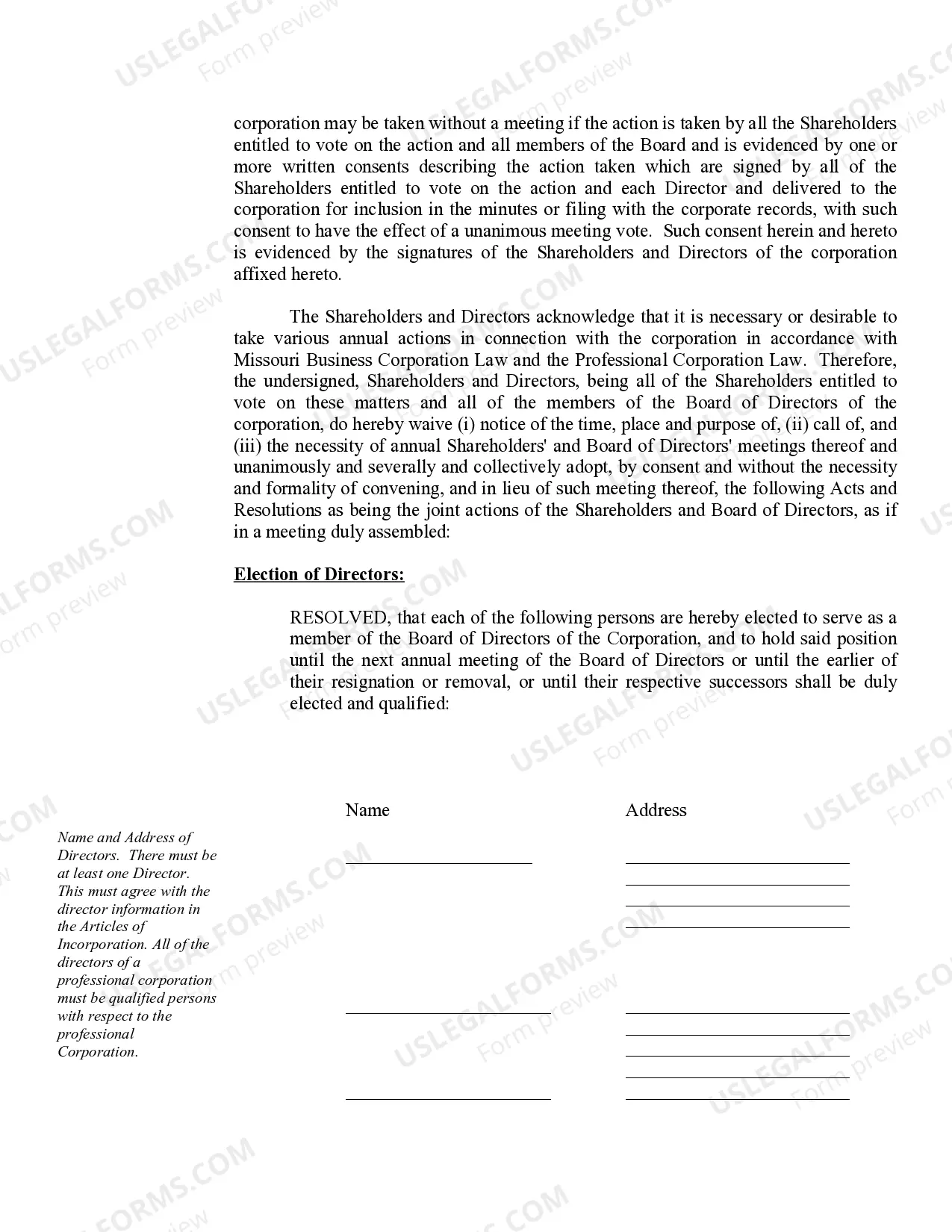 Preview Annual Minutes for a Missouri Professional Corporation