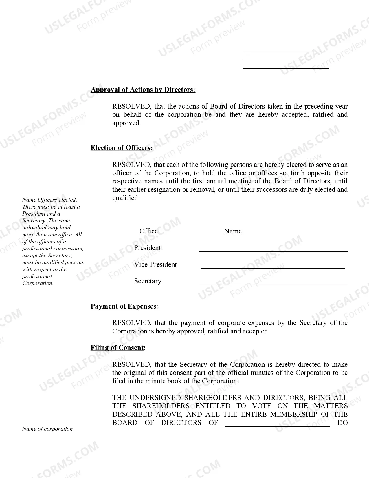 Preview Annual Minutes for a Missouri Professional Corporation