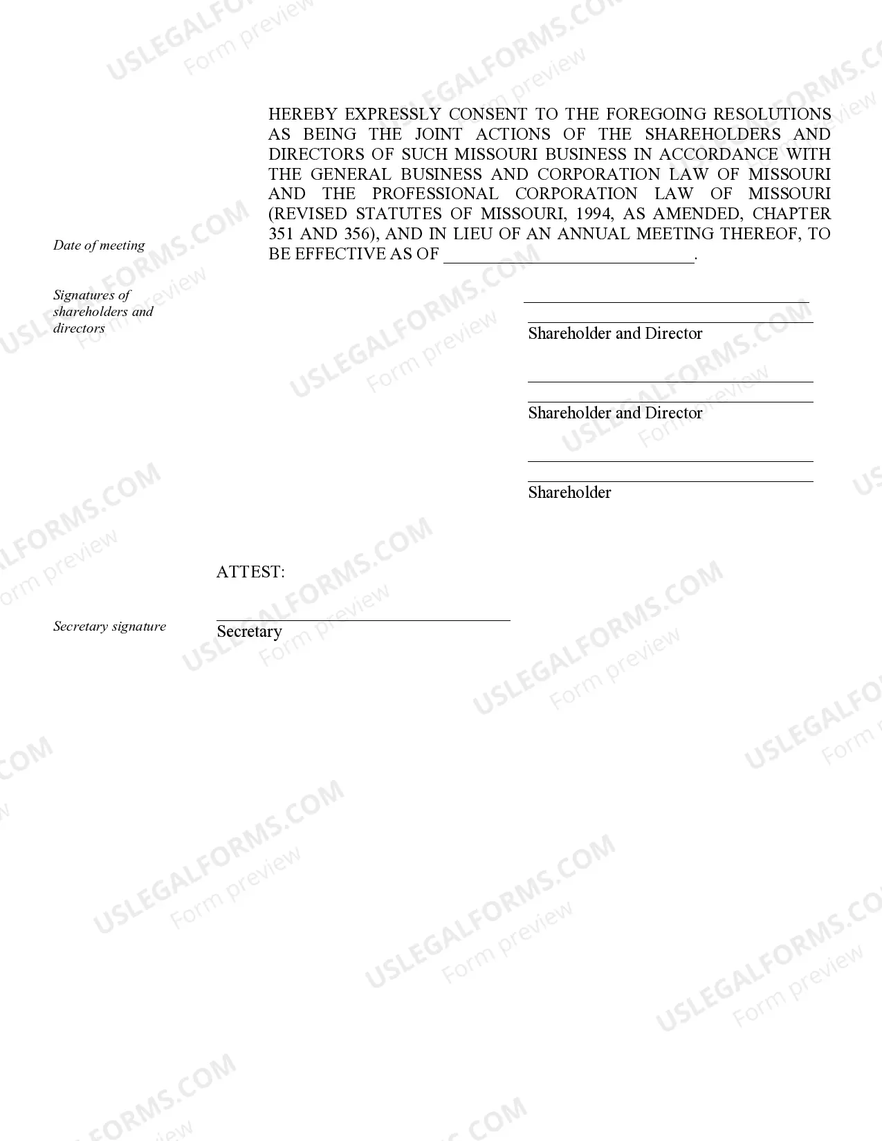 Preview Annual Minutes for a Missouri Professional Corporation