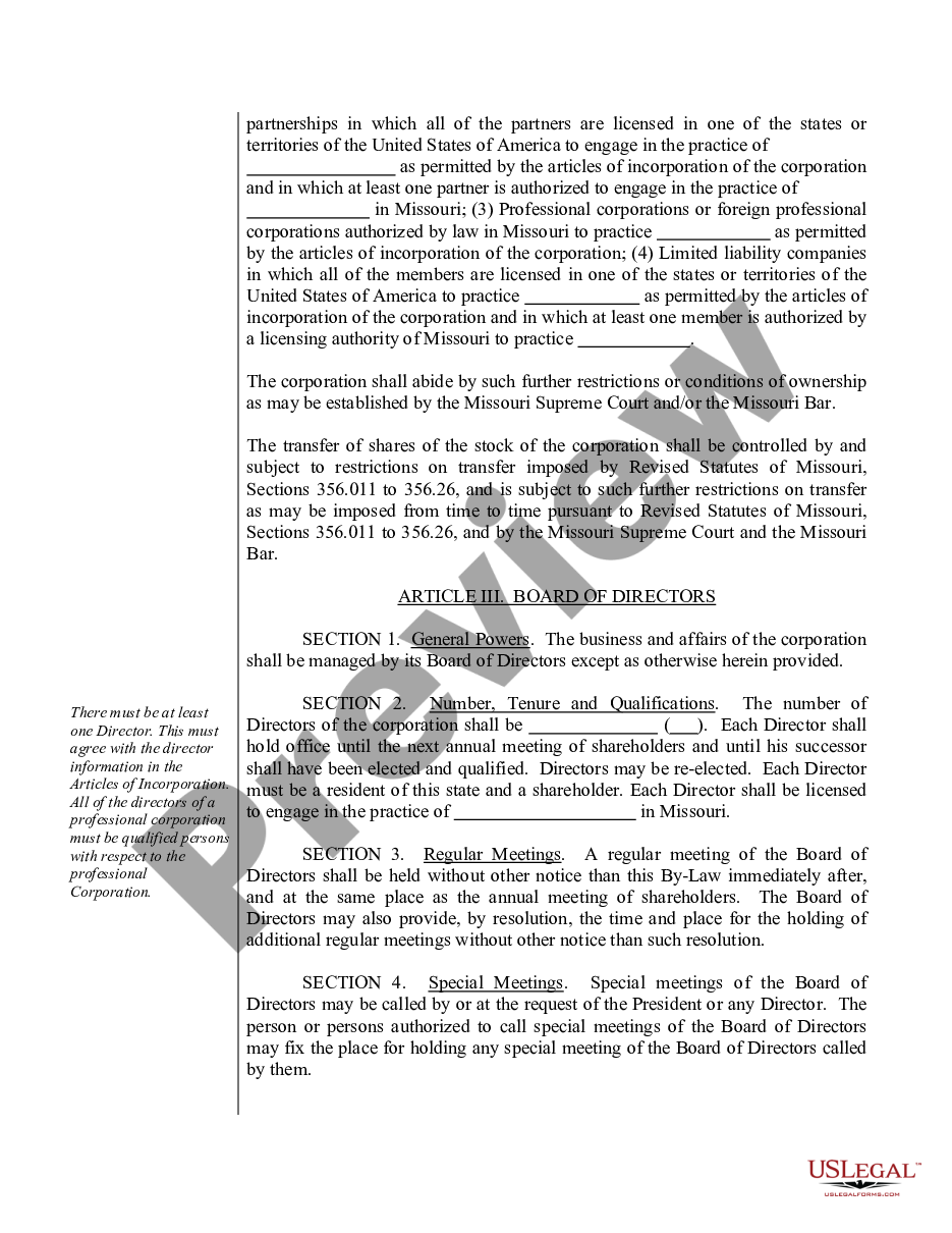page 5 Sample Bylaws for a Missouri Professional Corporation preview