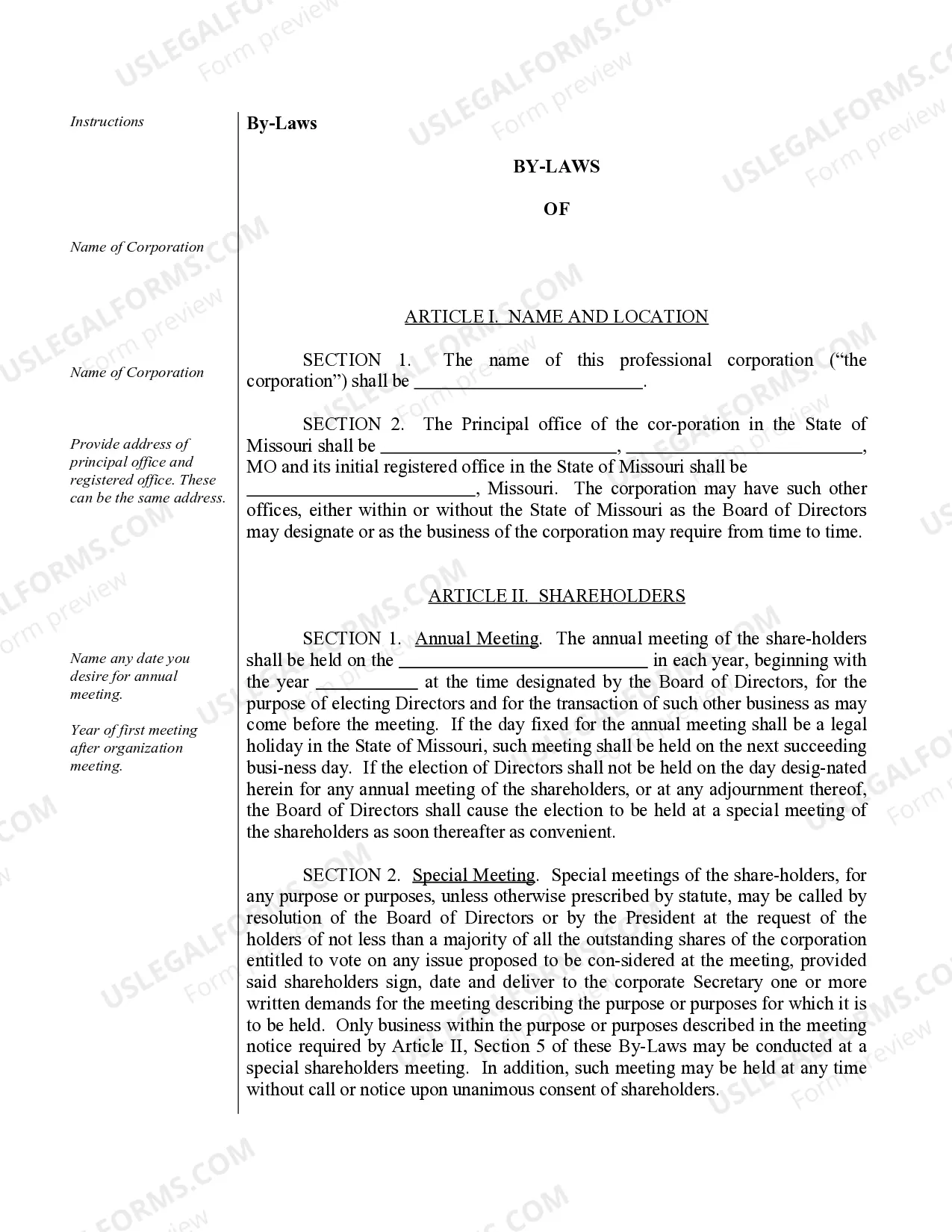 Preview Sample Bylaws for a Missouri Professional Corporation