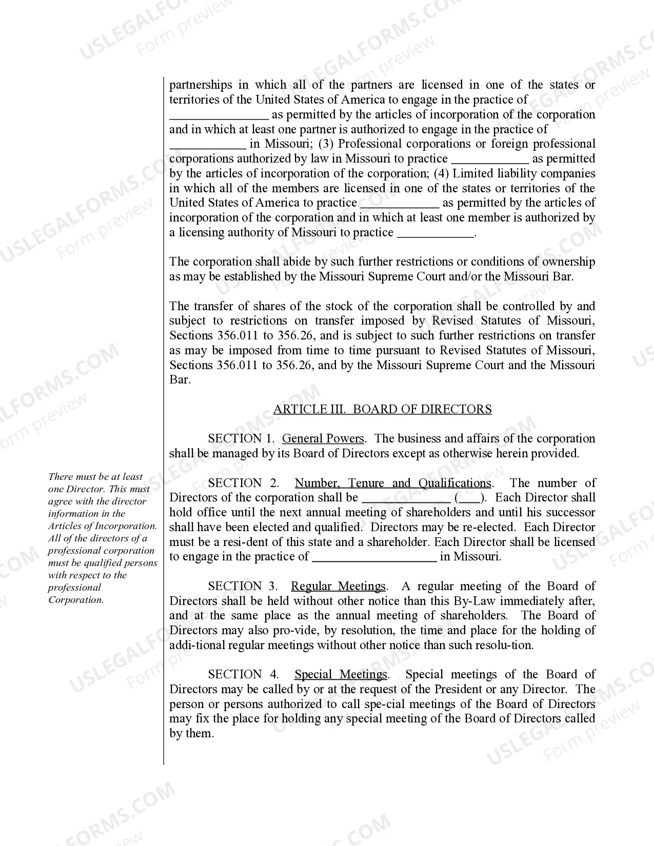 Preview Sample Bylaws for a Missouri Professional Corporation