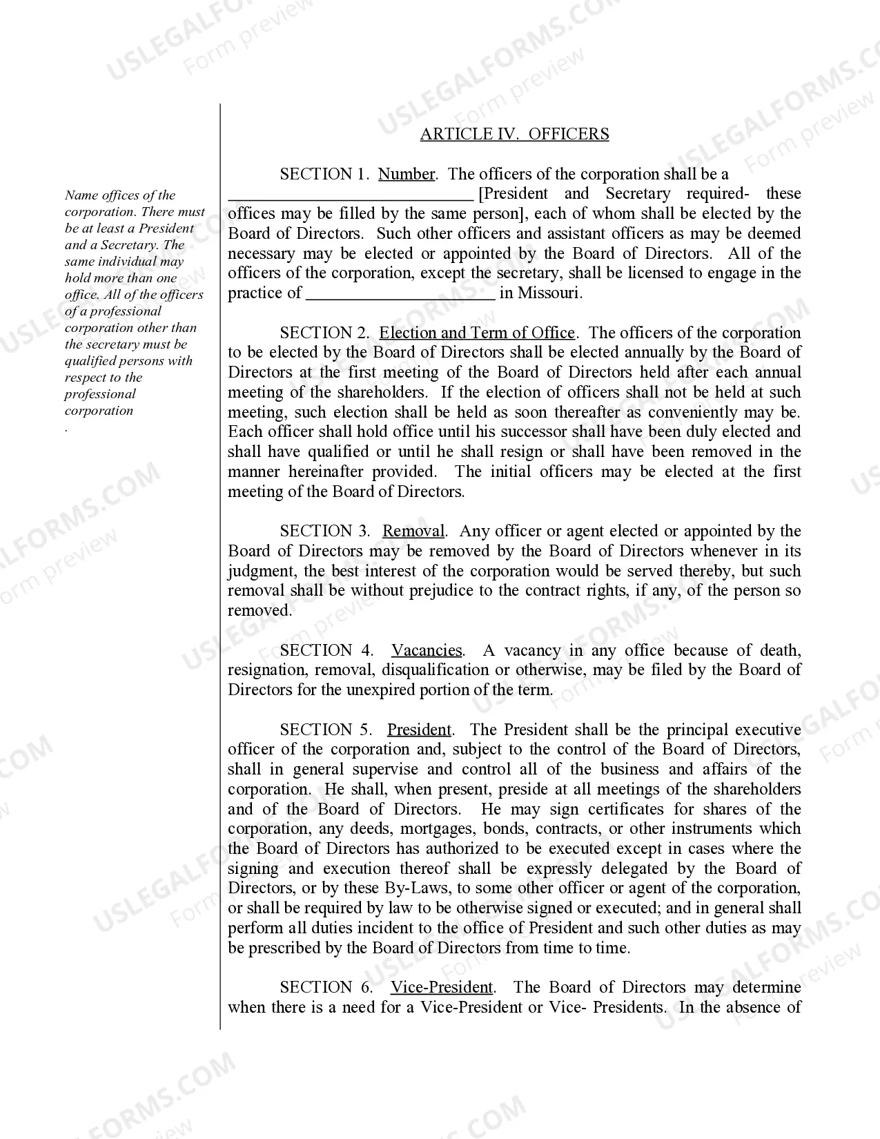 Preview Sample Bylaws for a Missouri Professional Corporation