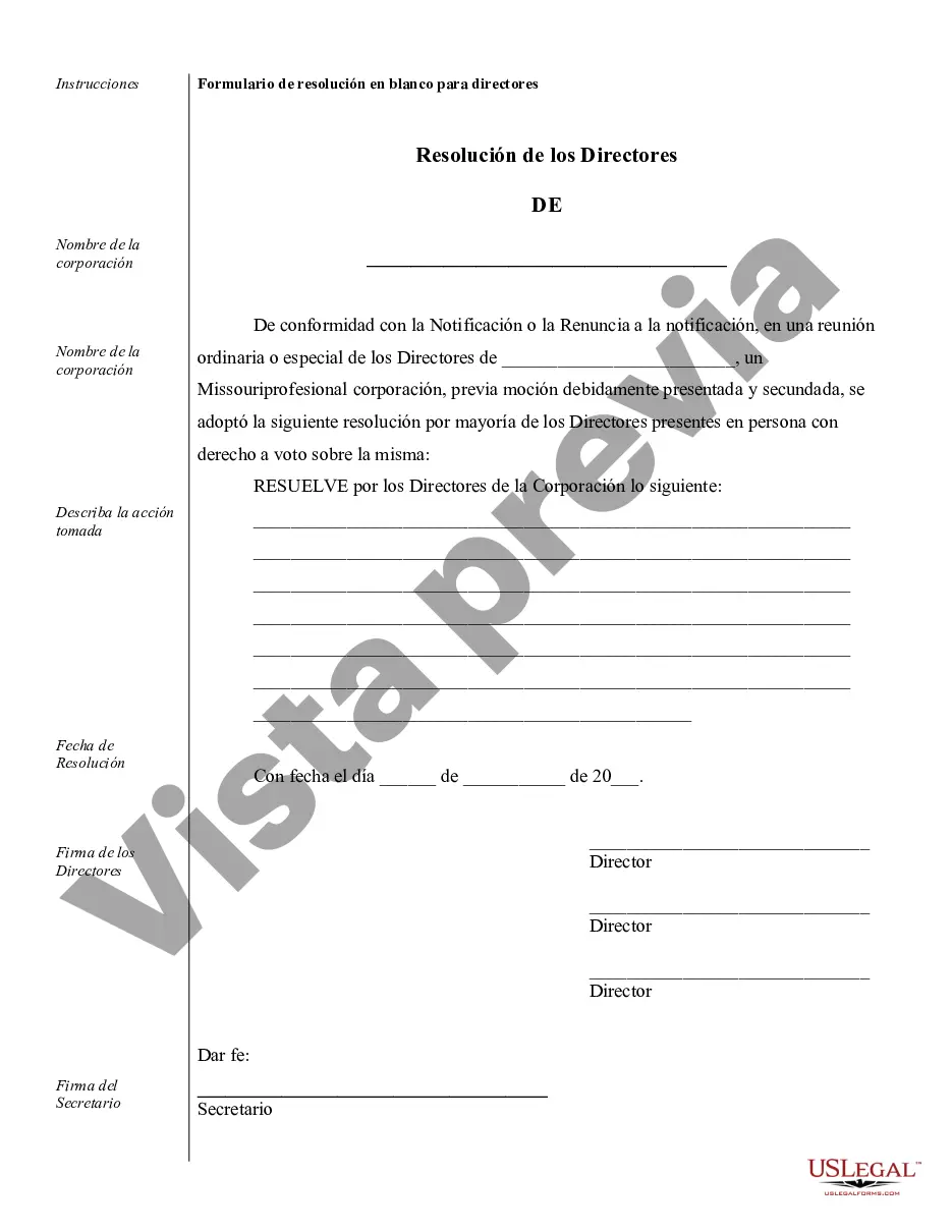 Preview Muestra de registros corporativos para una corporación profesional de Missouri
