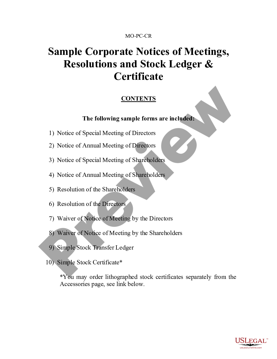page 0 Sample Corporate Records for a Missouri Professional Corporation preview