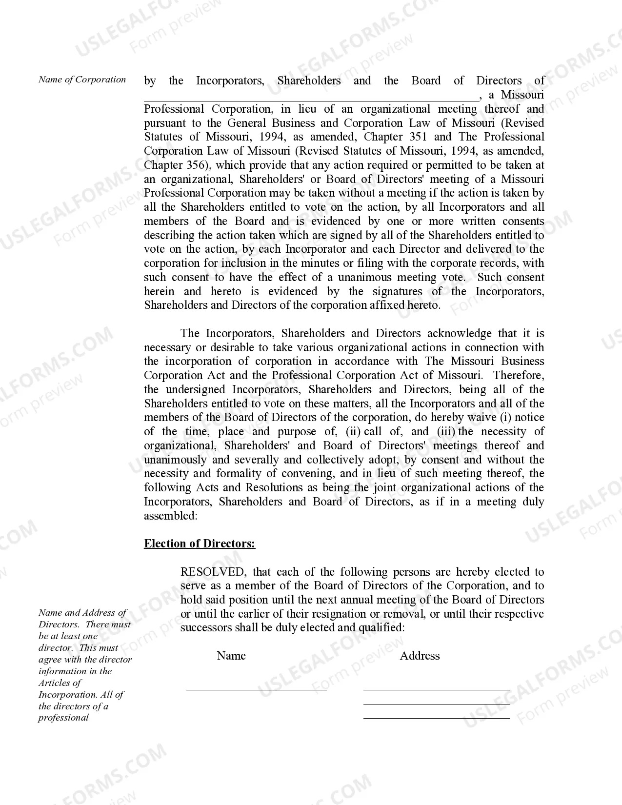 Preview Organizational Minutes for a Missouri Professional Corporation
