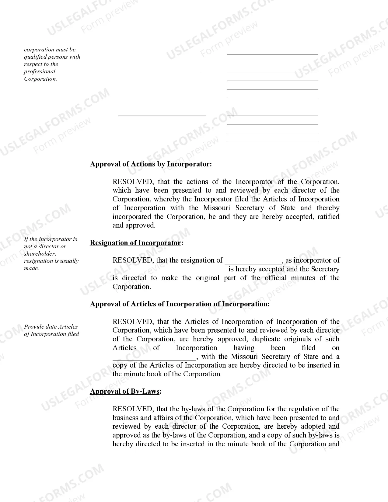 Preview Organizational Minutes for a Missouri Professional Corporation