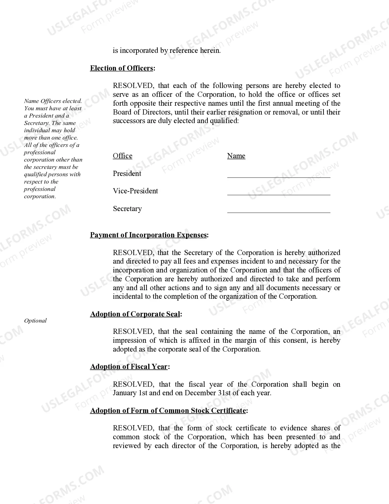 Preview Organizational Minutes for a Missouri Professional Corporation