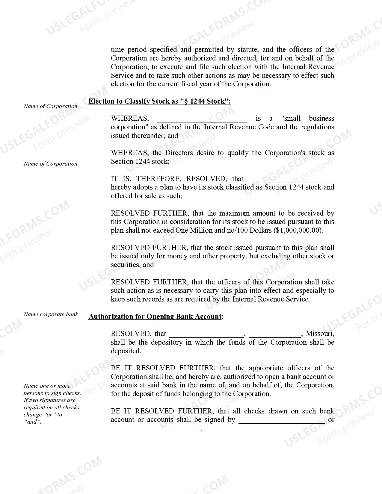 Preview Organizational Minutes for a Missouri Professional Corporation