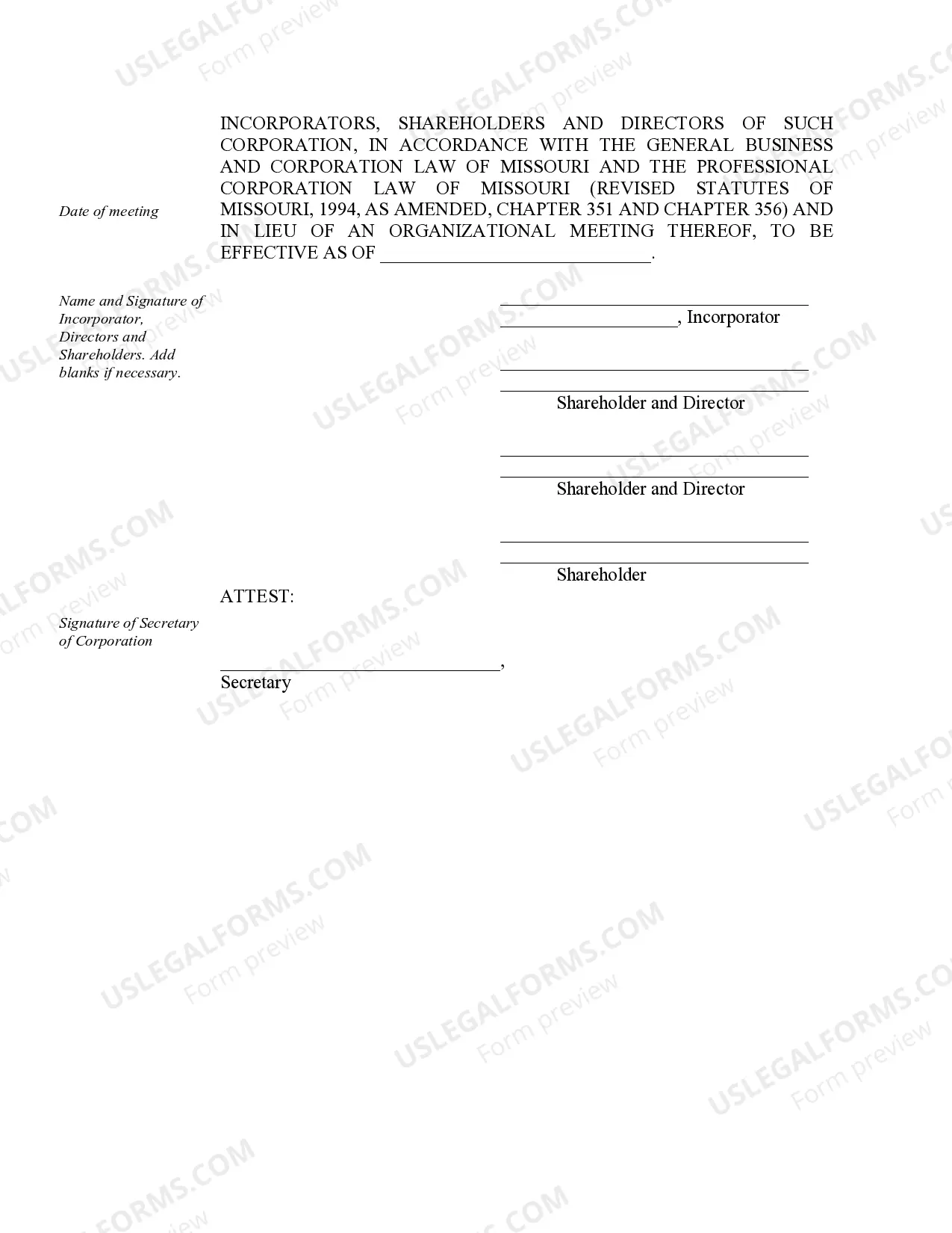 Preview Organizational Minutes for a Missouri Professional Corporation