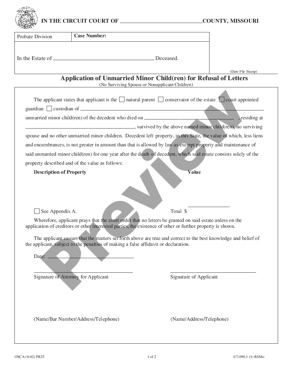 Missouri Application of Unmarried Minor Children for Refusal of Letters