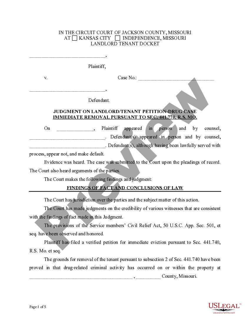Missouri Judgment on Landlord/Tenant PetitionDrug Case Immediate
