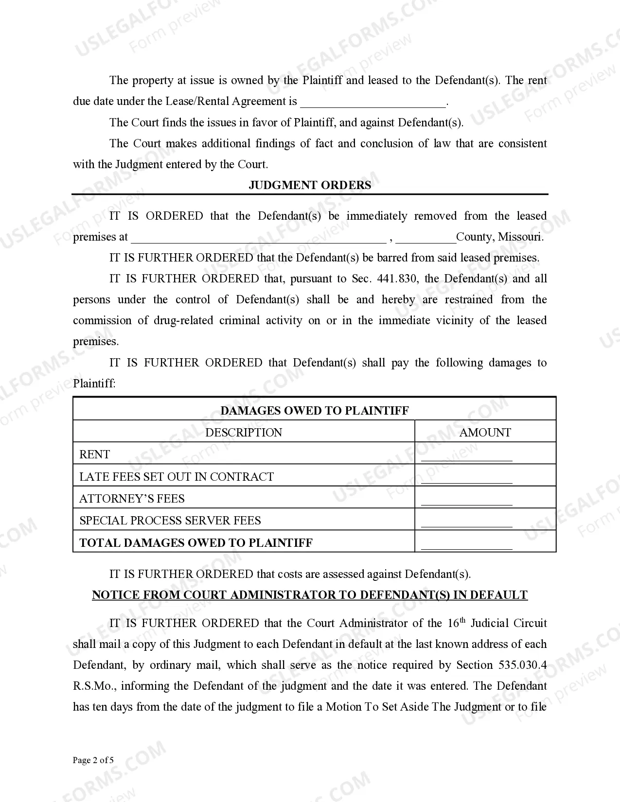 Preview Judgment on Landlord/Tenant Petition-Drug Case Immediate Removal Pursuant to SEC.441.770, R.S. MO.
