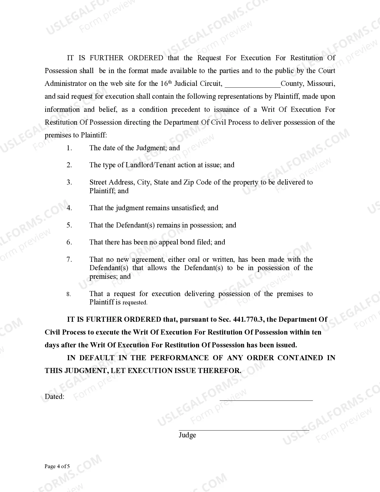 Preview Judgment on Landlord/Tenant Petition-Drug Case Immediate Removal Pursuant to SEC.441.770, R.S. MO.