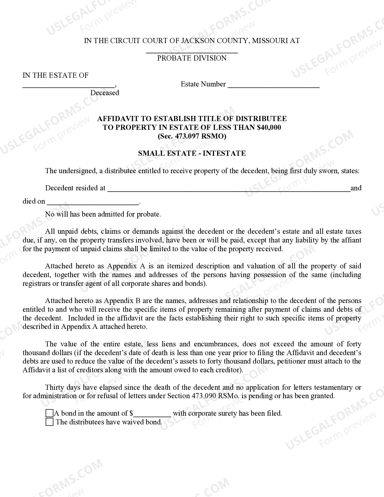 Missouri Affidavit to Establish Title of Distributee to Property in