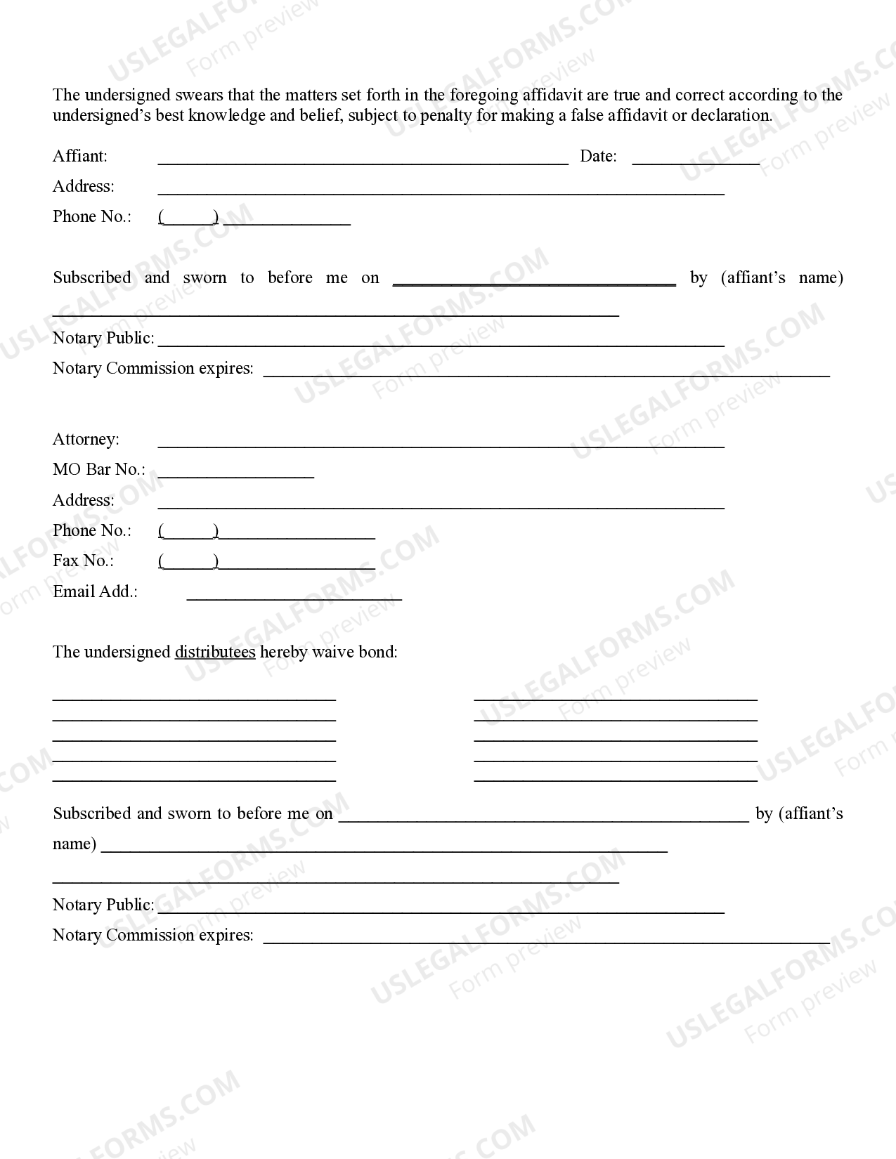 Missouri Affidavit to Establish Title of Distributee to Property in