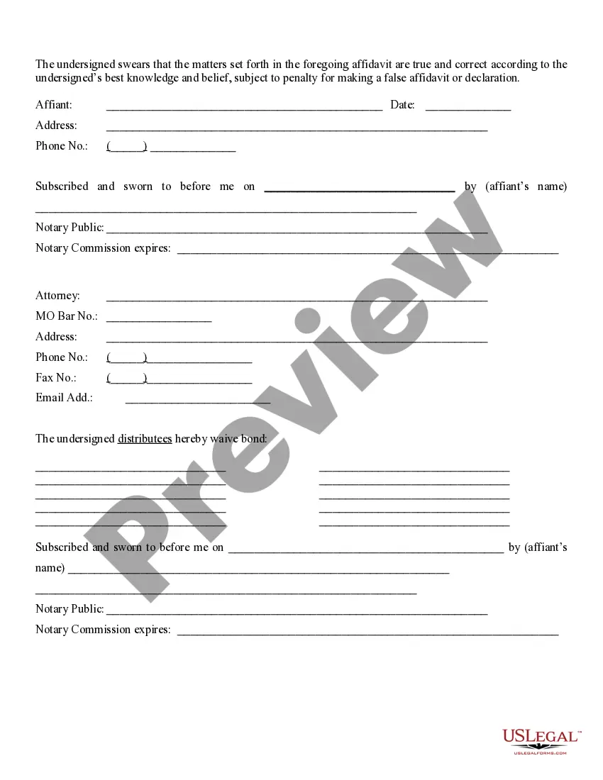 Preview Affidavit to Establish Title of Distributee to Property in Estate of Less Than $40,000