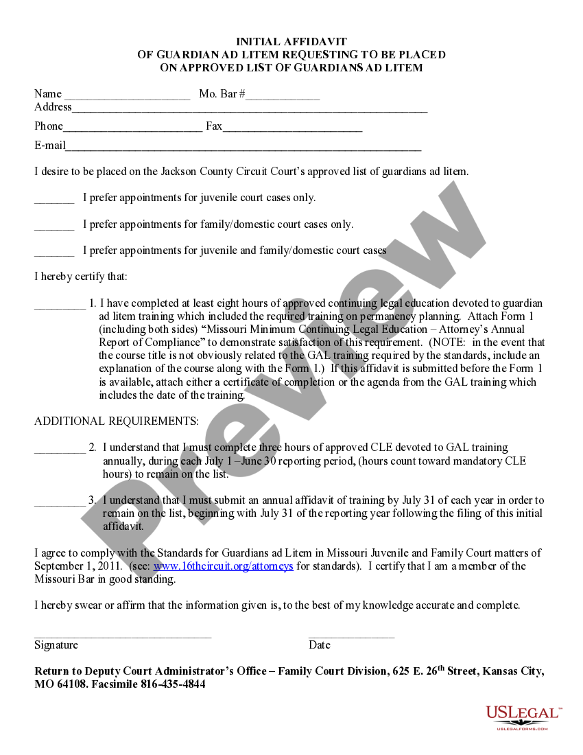 Missouri Initial Affidavit of Guardian AD Litem Requesting to be Placed on Approved List of