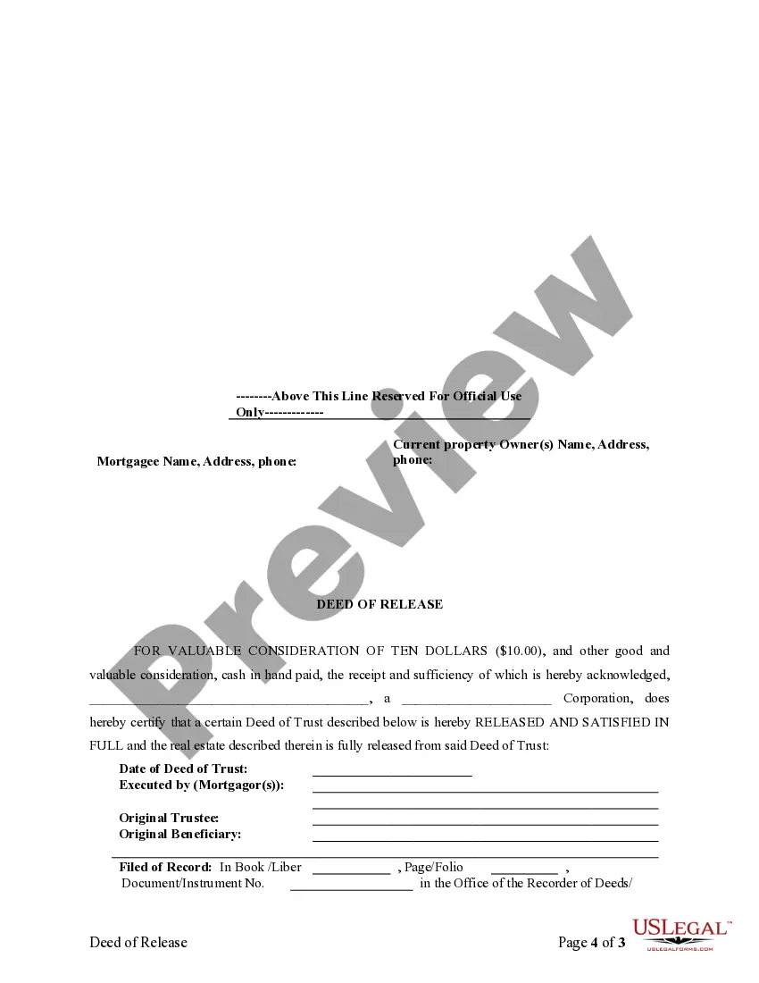 Preview Satisfaction, Release or Cancellation of Deed of Trust by Corporation