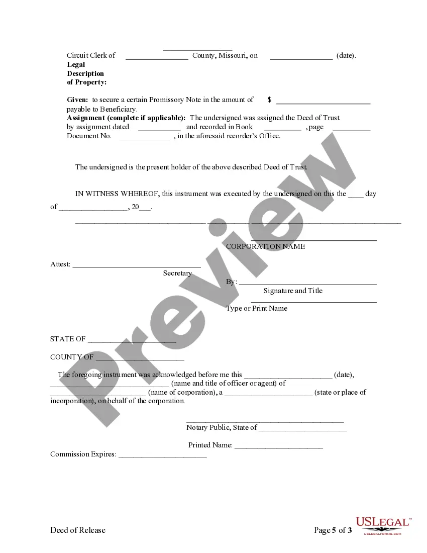 Preview Satisfaction, Release or Cancellation of Deed of Trust by Corporation