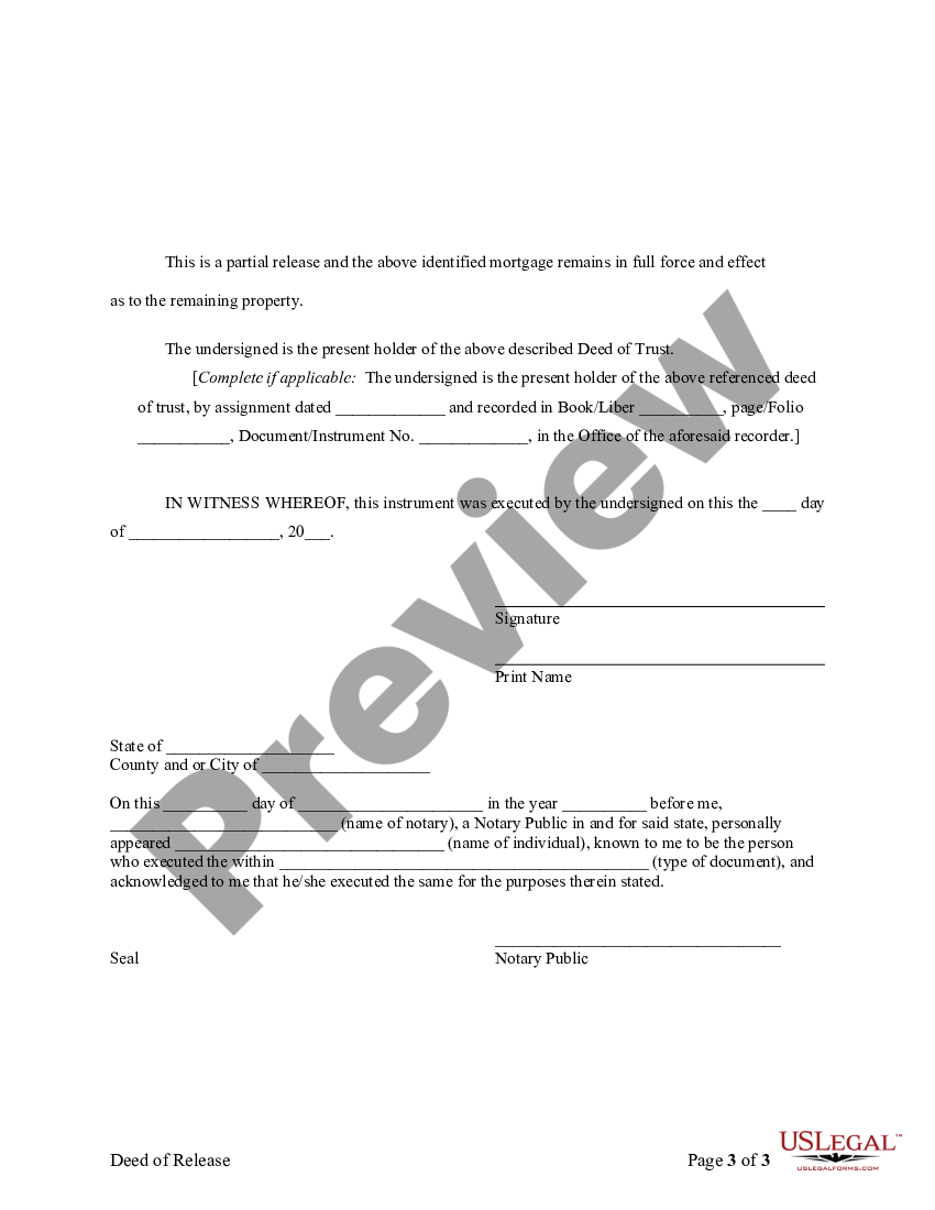 Missouri Partial Release of Property From Deed of Trust for Individual ...