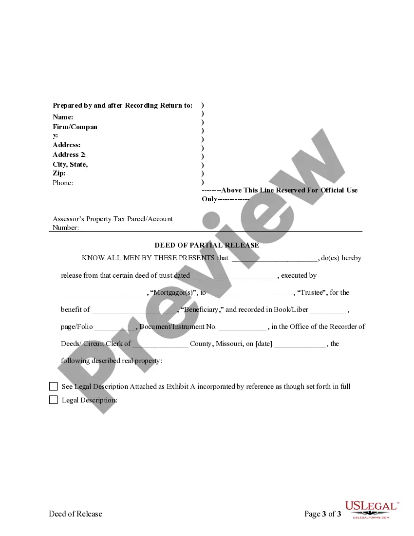 Preview Partial Release of Property From Deed of Trust for Individual