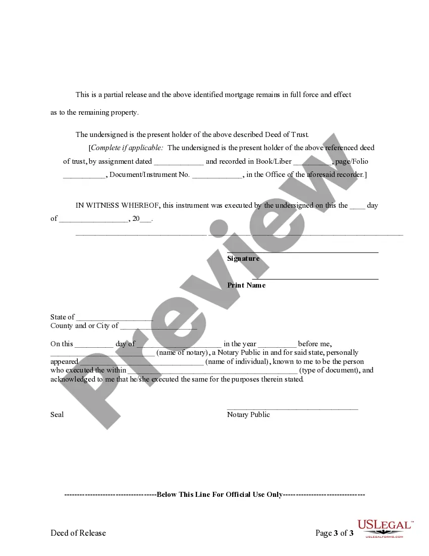 Preview Partial Release of Property From Deed of Trust for Individual