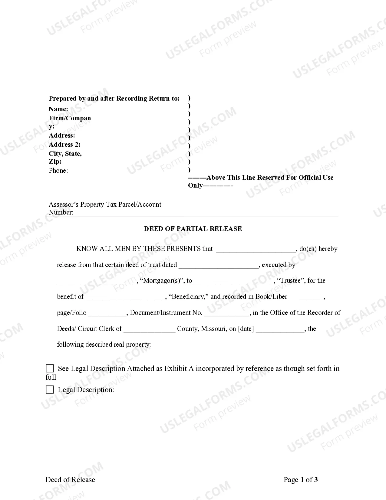 Preview Partial Release of Property From Deed of Trust for Corporation