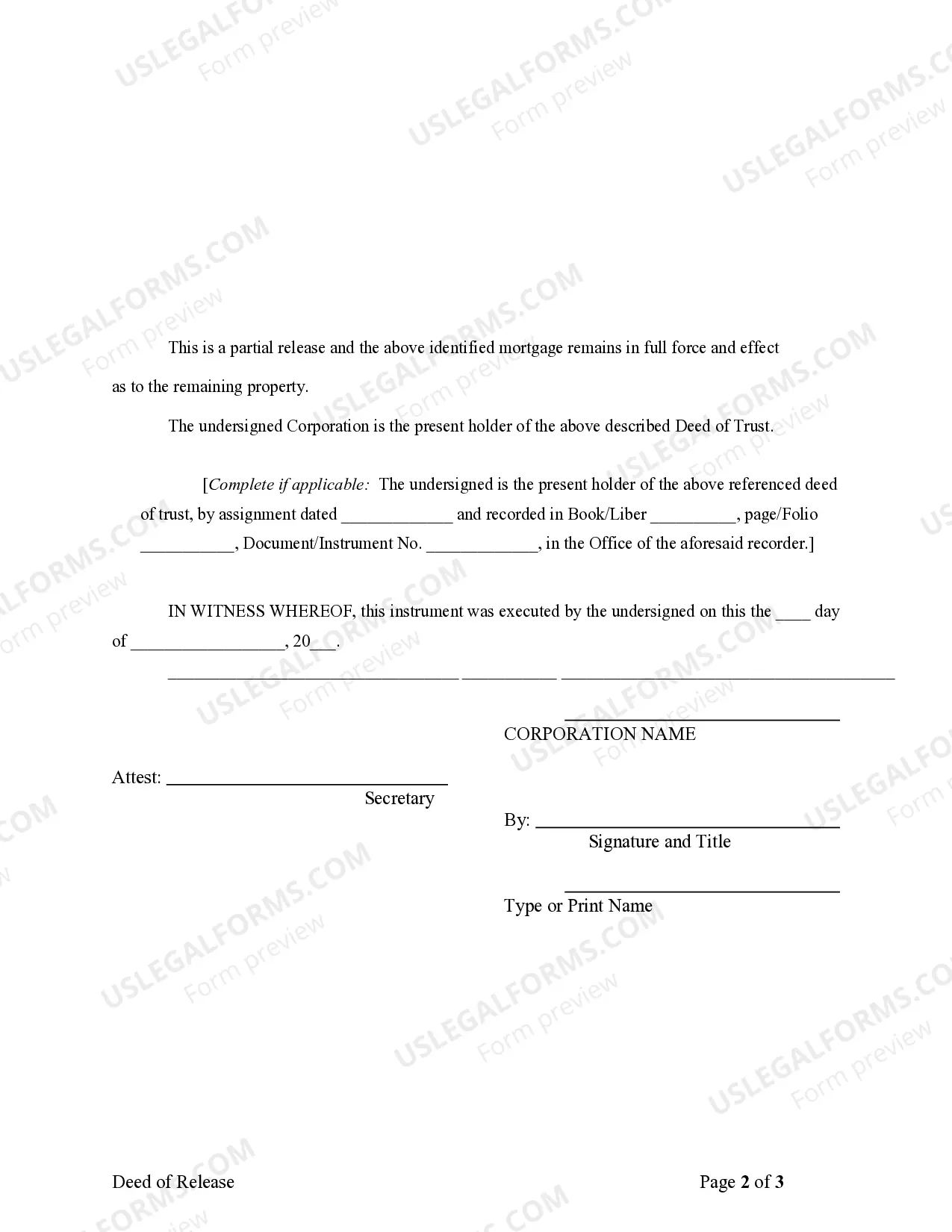 Preview Partial Release of Property From Deed of Trust for Corporation