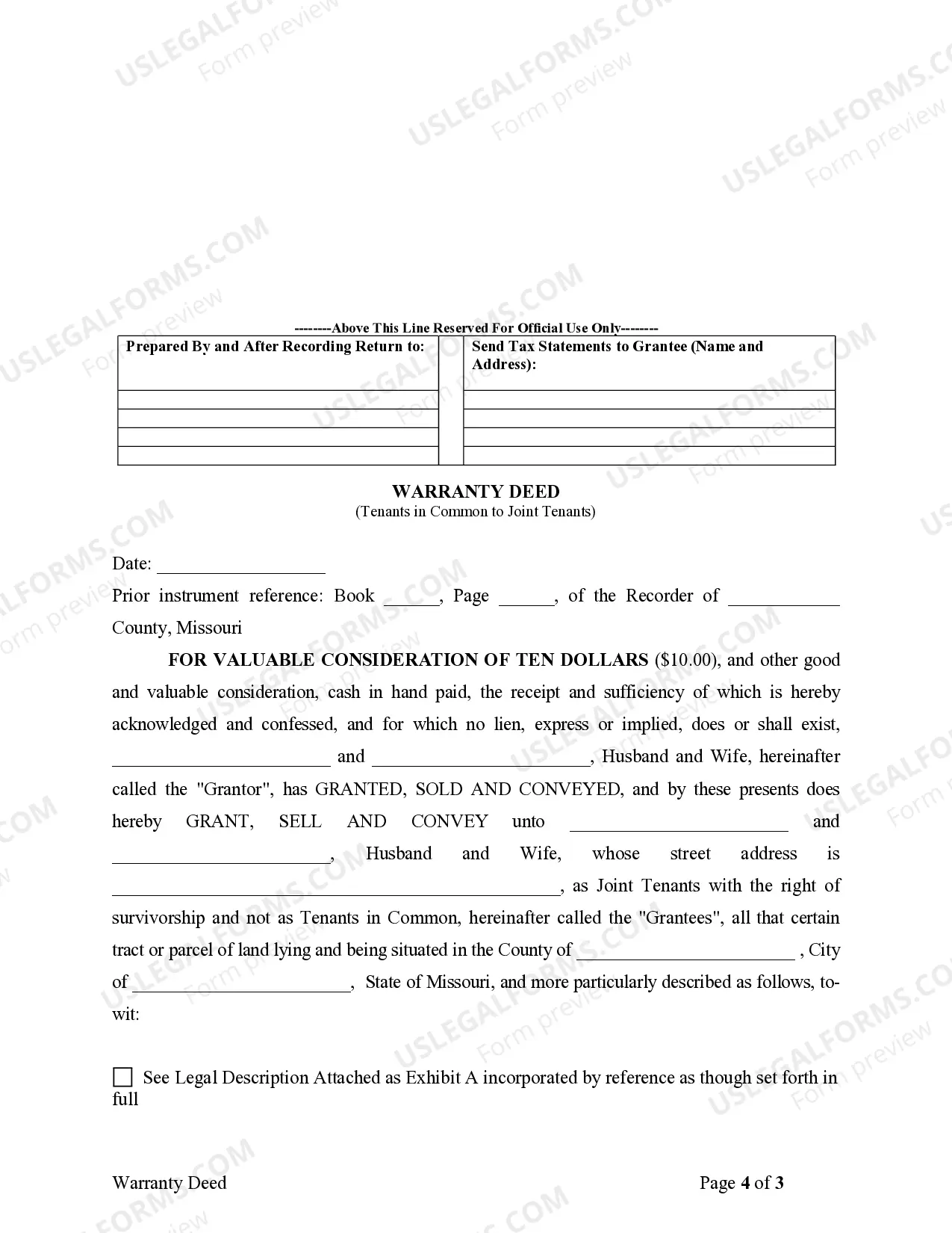 Preview Warranty Deed for Husband and Wife Converting Property from Tenants in Common to Joint Tenancy