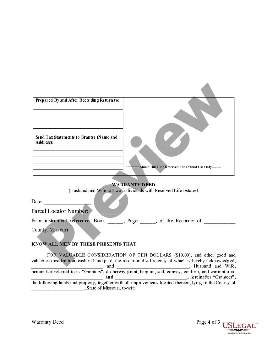 Preview Warranty Deed for Parents to Child with Reservation of Life Estate