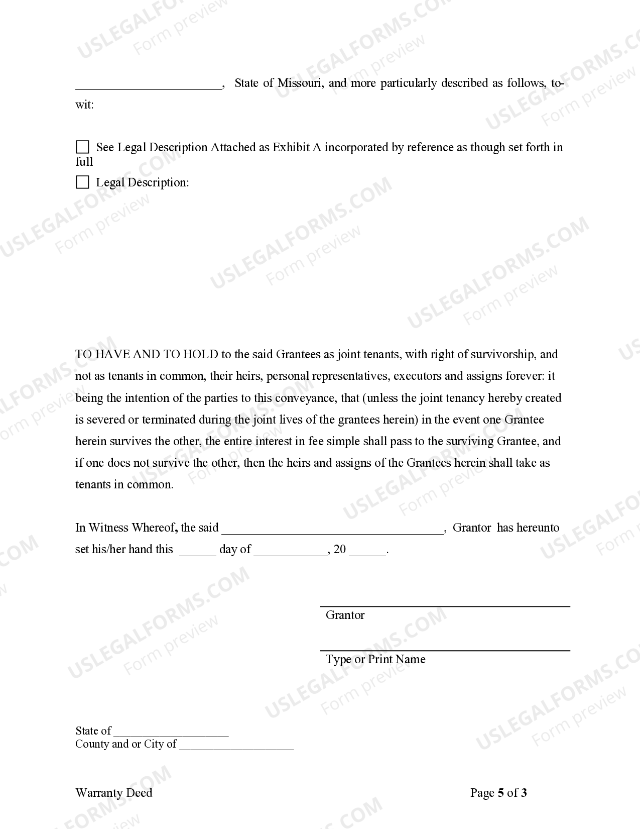 Missouri Warranty Deed for Separate or Joint Property to Joint Tenancy