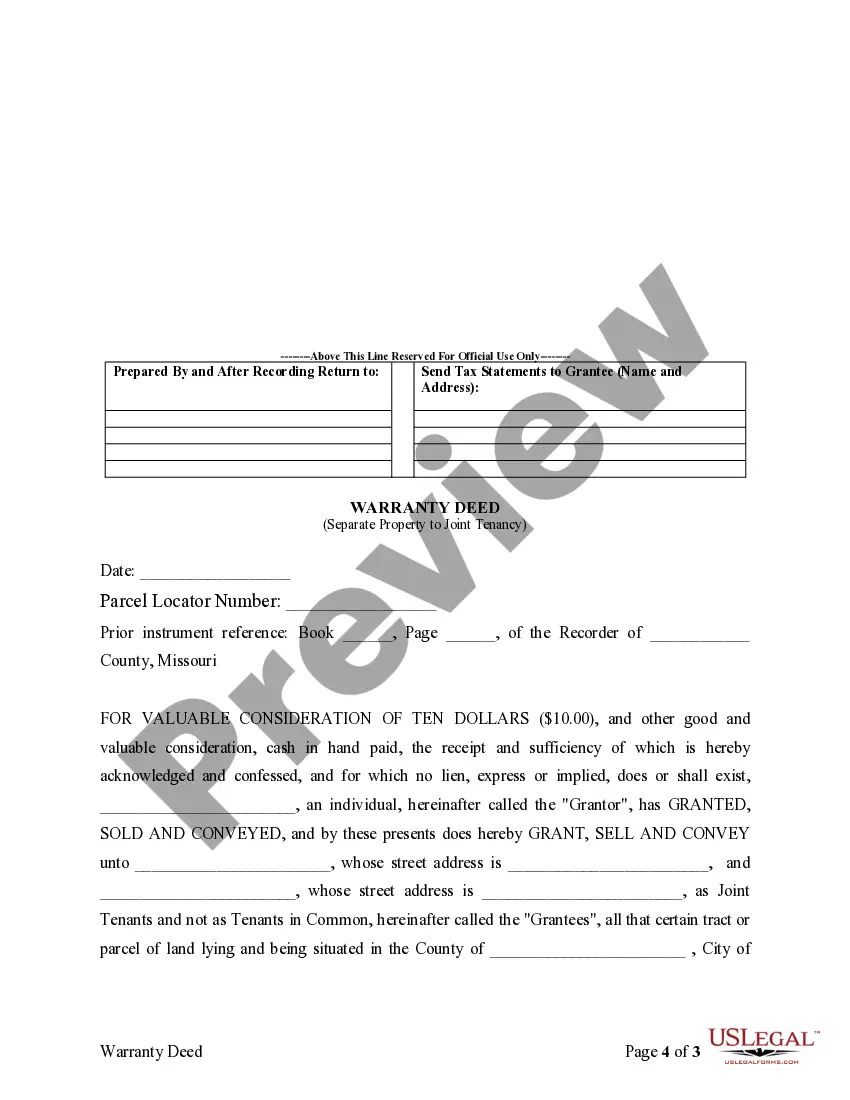 Get Warranty Deed for Separate or Joint Property to Joint Tenancy Preview Warranty Deed for Separate or Joint Property to Joint Tenancy