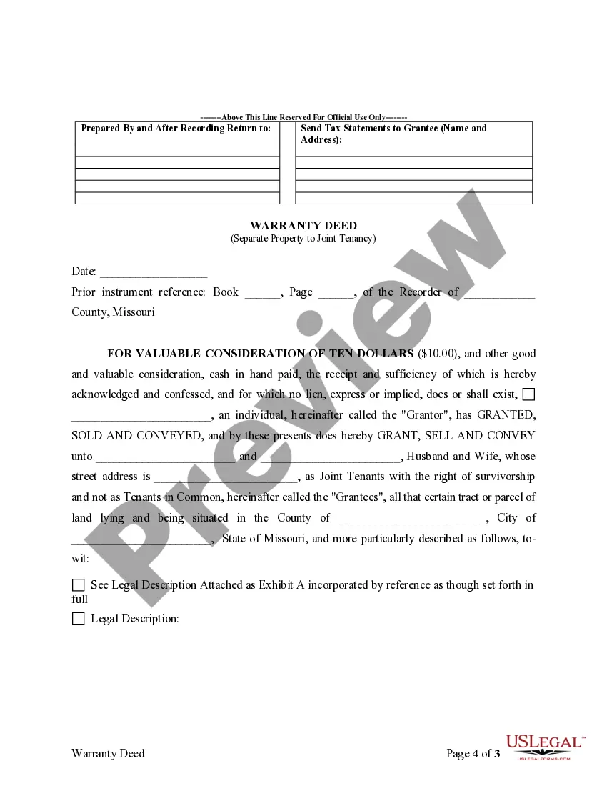 Preview Warranty Deed to Separate Property of One Spouse to Both Spouses as Joint Tenants