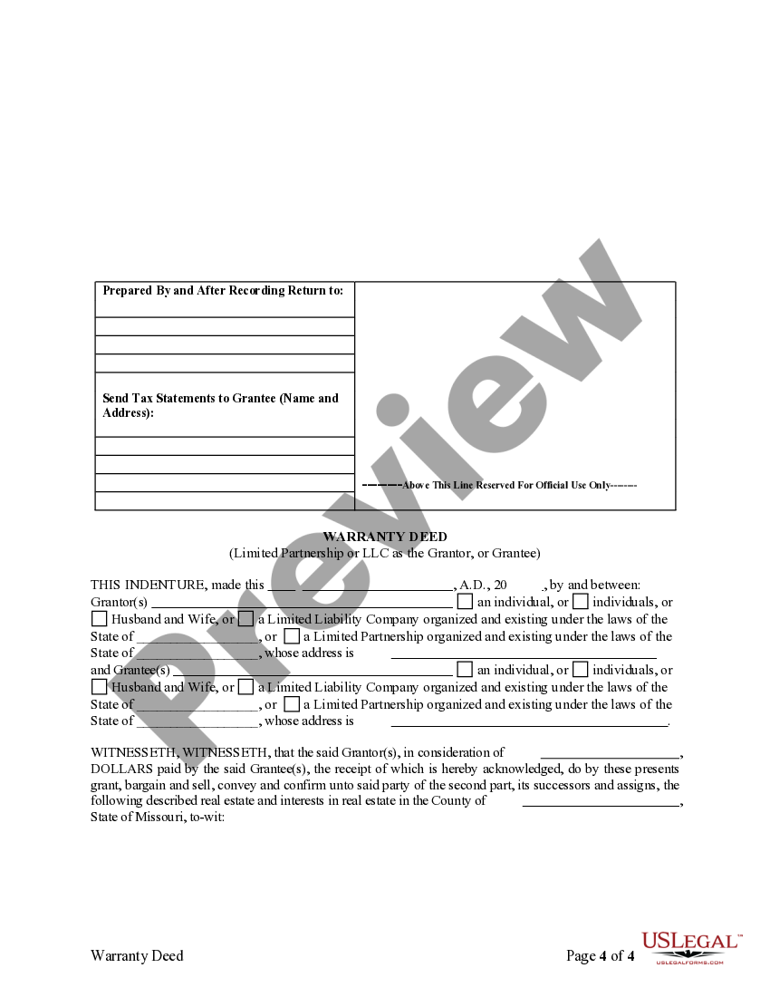 Missouri Warranty Deed from Limited Partnership or LLC is the Grantor