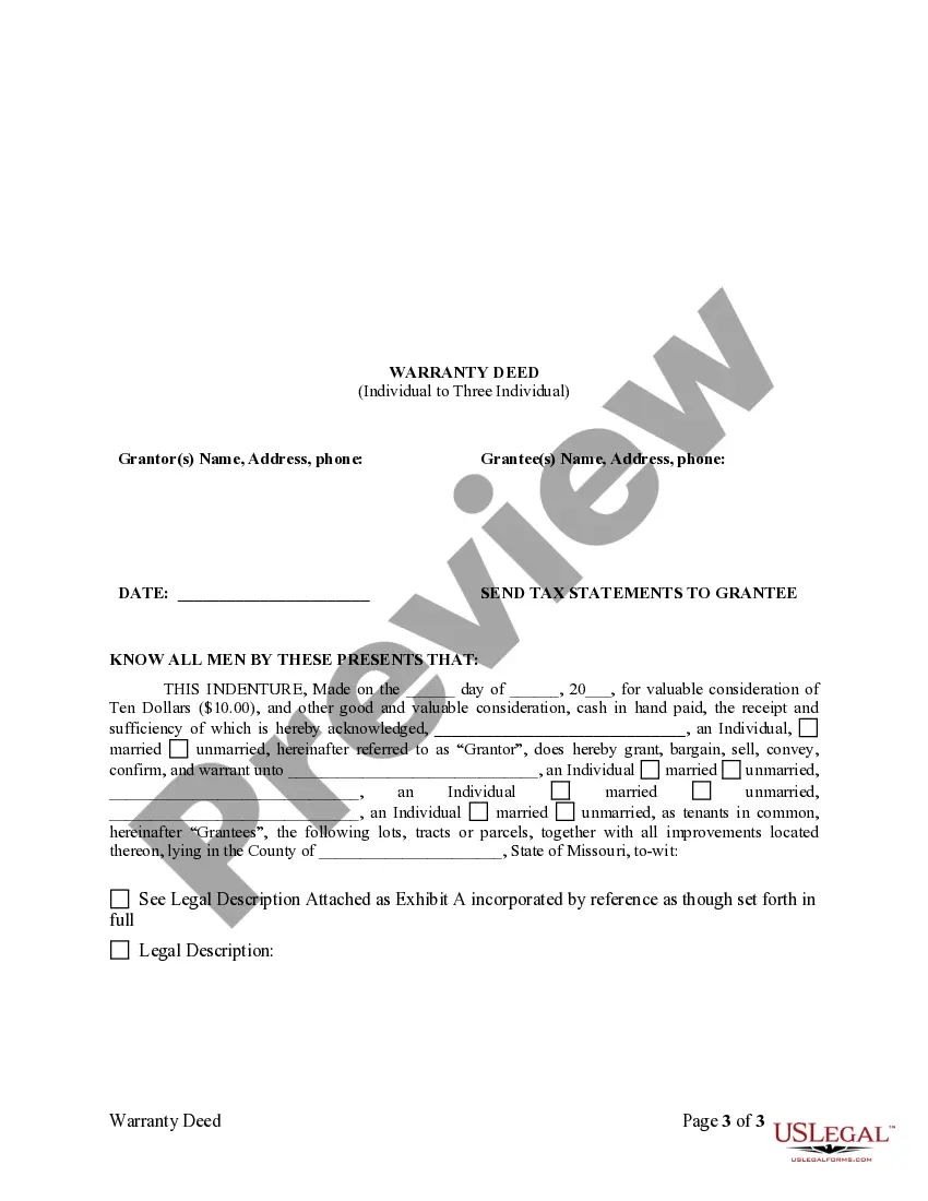 Get Warranty Deed from One Individual to Three Individuals as Tenants in Common Preview Warranty Deed from One Individual to Three Individuals as Tenants in Common