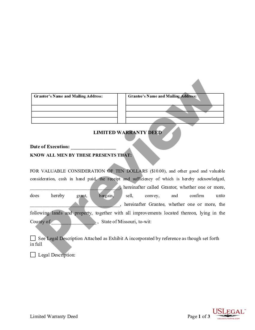 Missouri Limited Warranty Deed From Individual To Individual Limited   4 