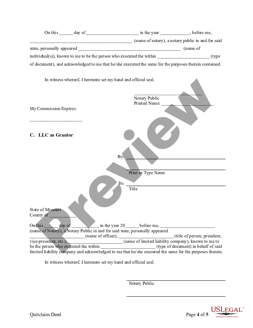 Missouri Quitclaim Deed for Individuals or LLC to Corporation ...