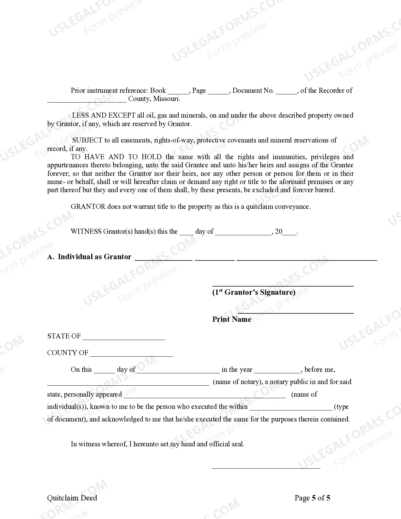 Preview Quitclaim Deed for Individuals or LLC to Corporation