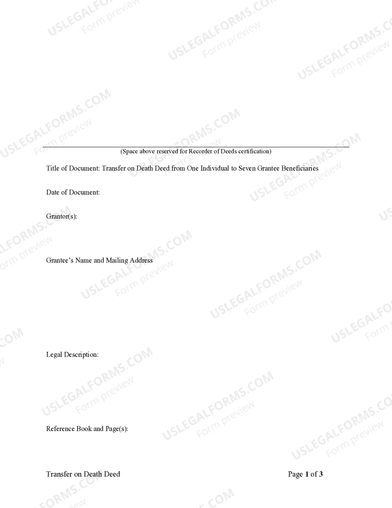 Preview Transfer on Death Deed or TOD - Beneficiary Deed for Individual Grantor to Seven Grantee Beneficiaries