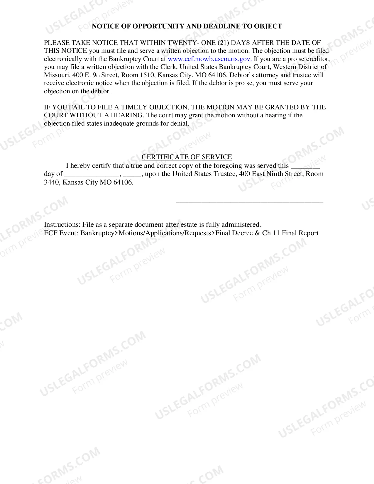 Preview Chapter 11 Final Report and Application For Final Decree