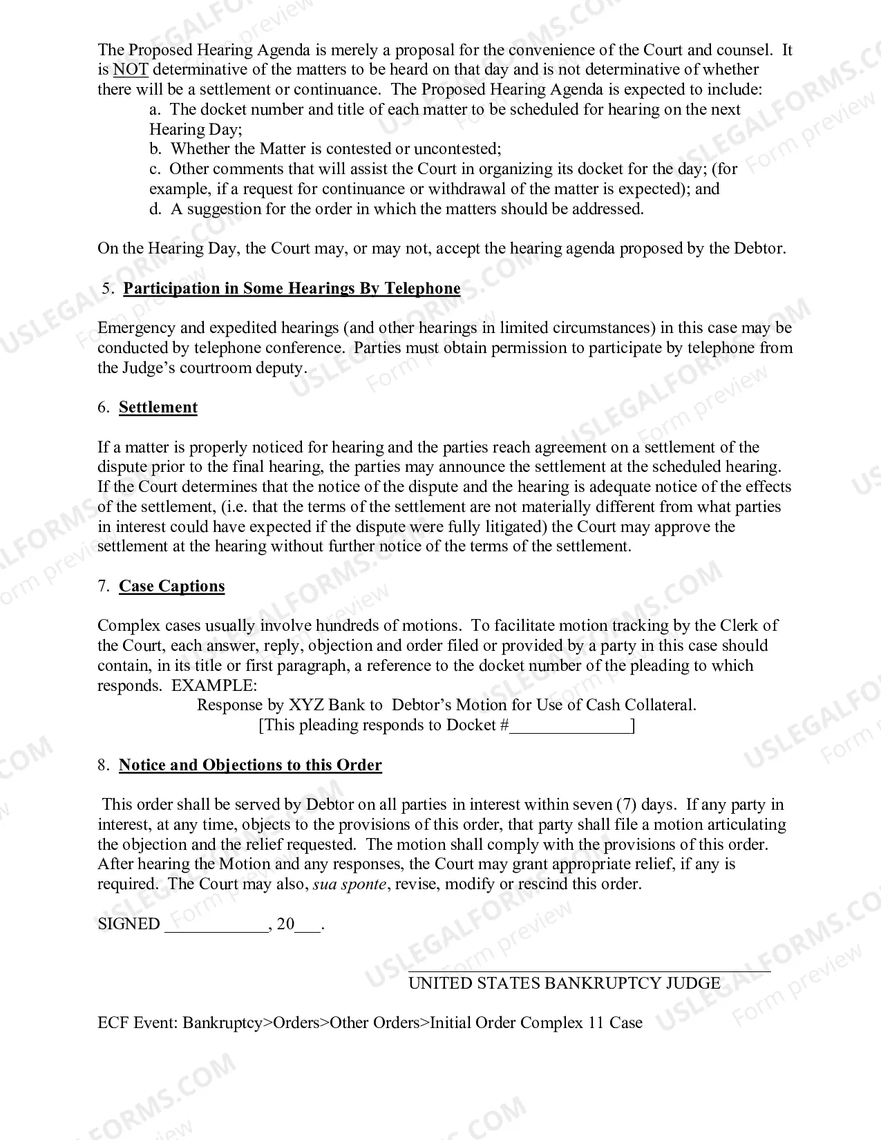 Preview Initial Order For Complex Chapter 11 Bankruptcy Case