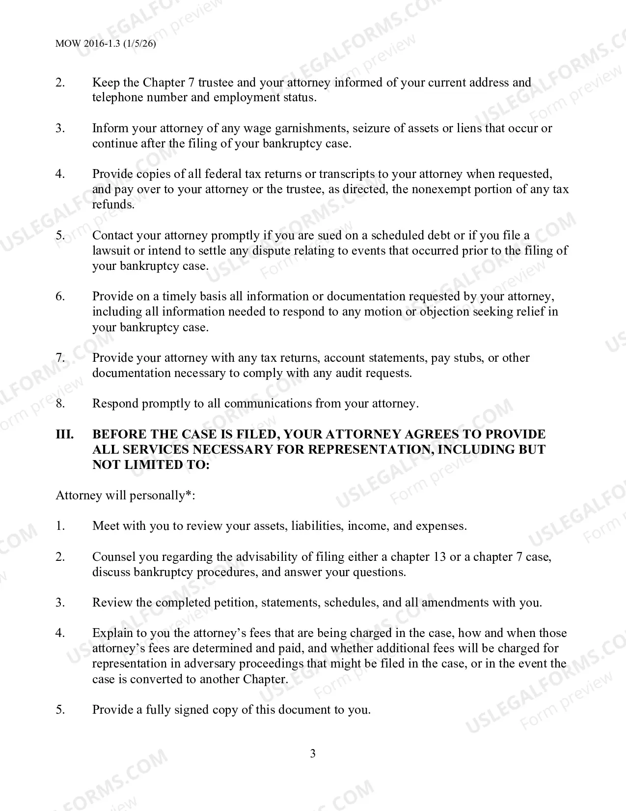 Preview Rights and Responsibilities Agreement Between Chapter 7 Debtors and Their Attorneys