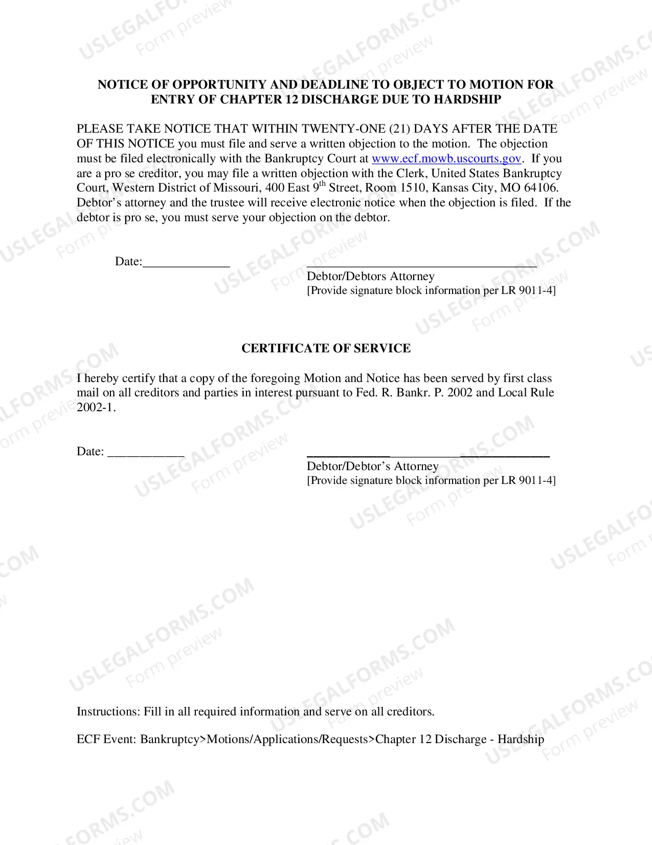 Preview Motion for Entry of Chapter 12 Discharge - Hardship