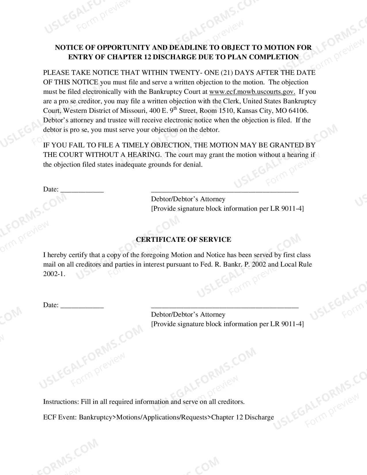 Preview Motion for Entry of Chapter 12 Discharge - Plan Complete